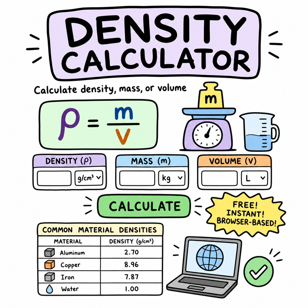 Density Calculator – Solve for Density, Mass, or Volume (ρ = m/V)