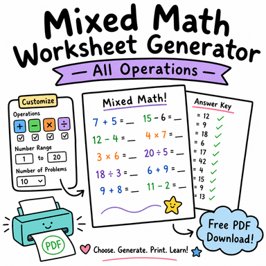 Mixed Math Worksheet Generator — All Operations
